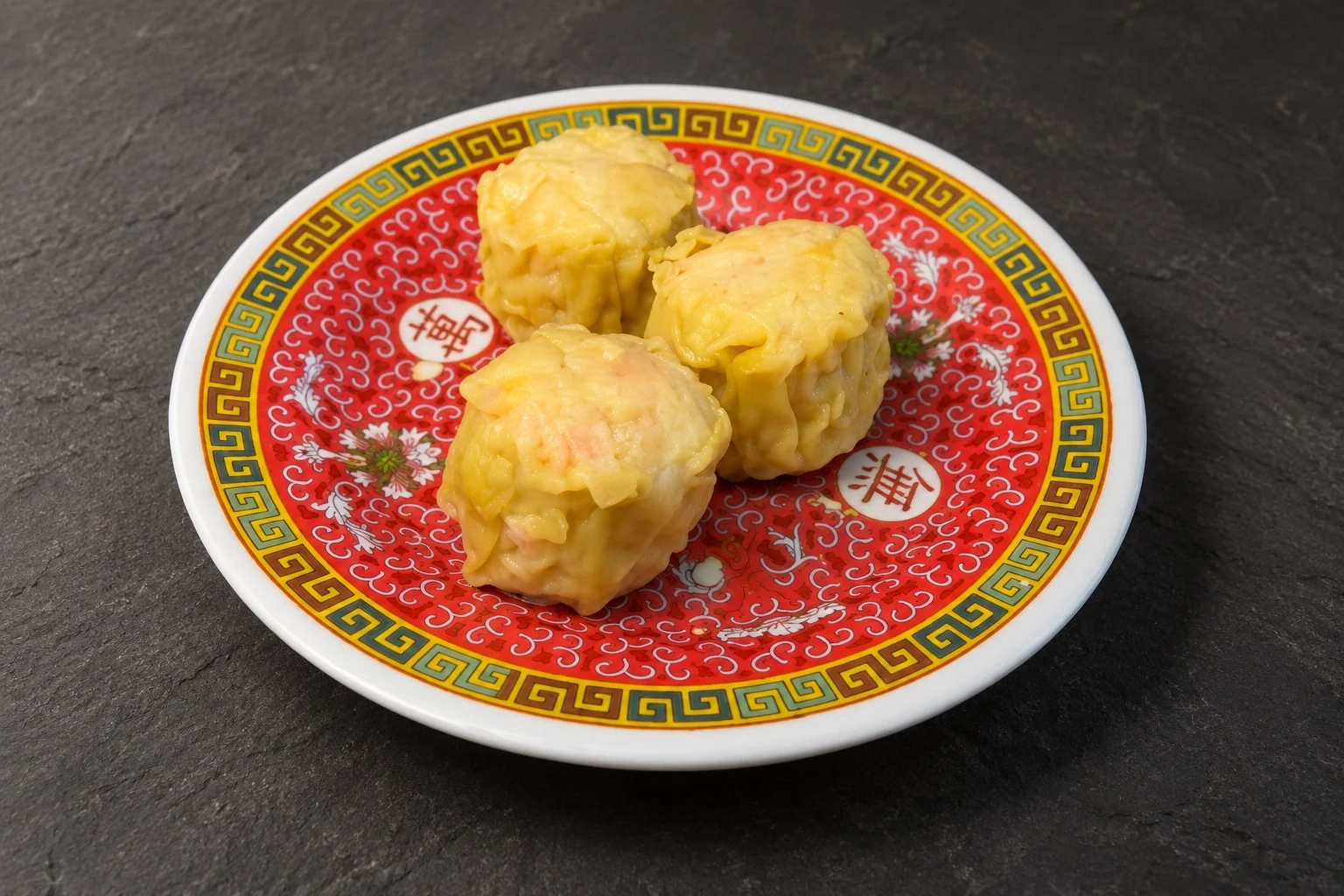 Bouchées aux crevettes sur une assiette ronde rouge à motifs chinois, sur fond d'ardoise sombre