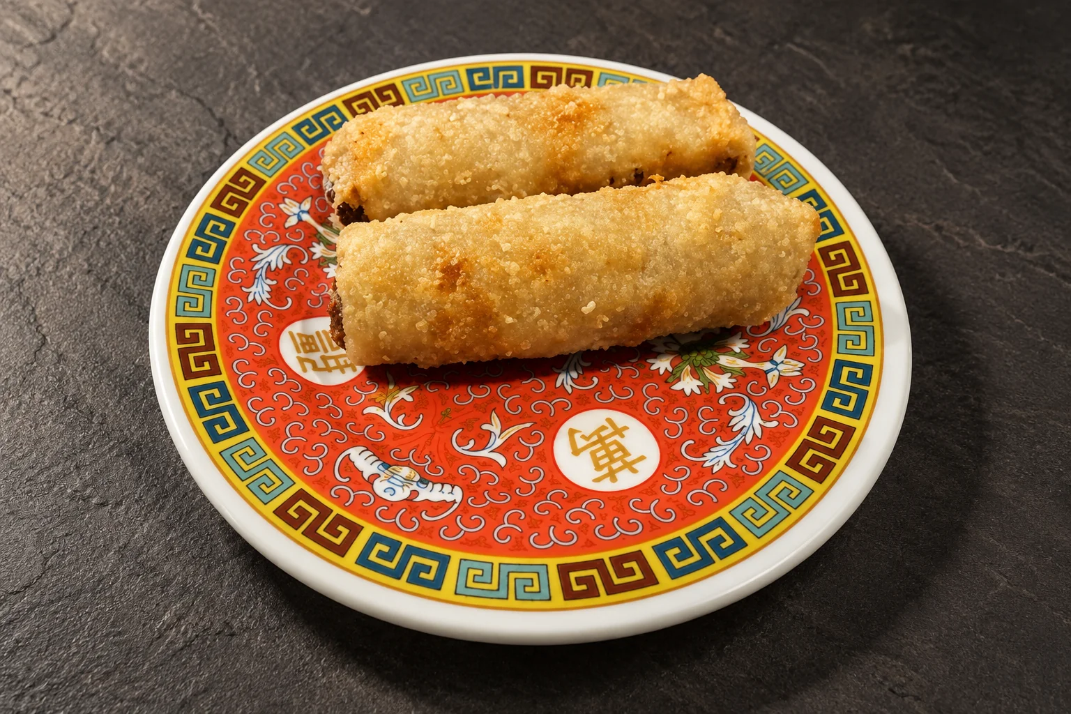 Nêms au poulet sur une assiette ronde rouge à motifs chinois, sur fond d'ardoise sombre