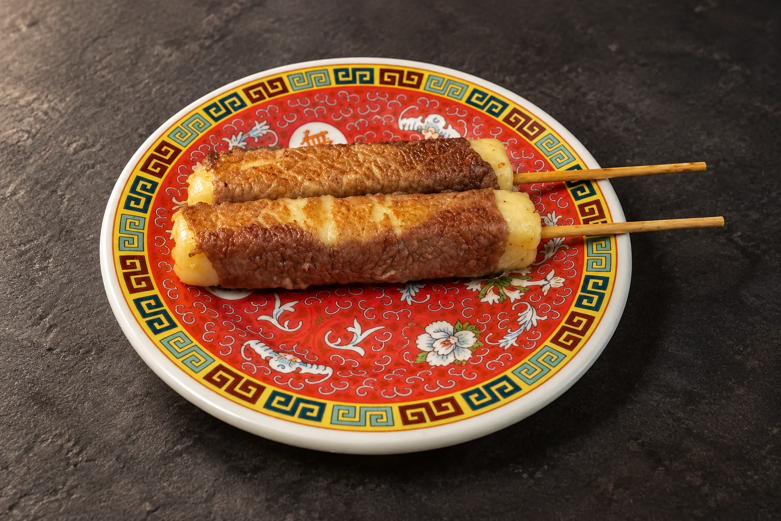 Brochettes bœuf au fromage sur une assiette ronde rouge à motifs chinois, sur fond d'ardoise sombre