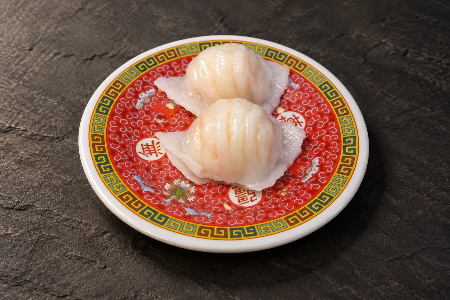 Raviolis aux crevettes sur une assiette ronde rouge à motifs chinois, fond d'ardoise sombre