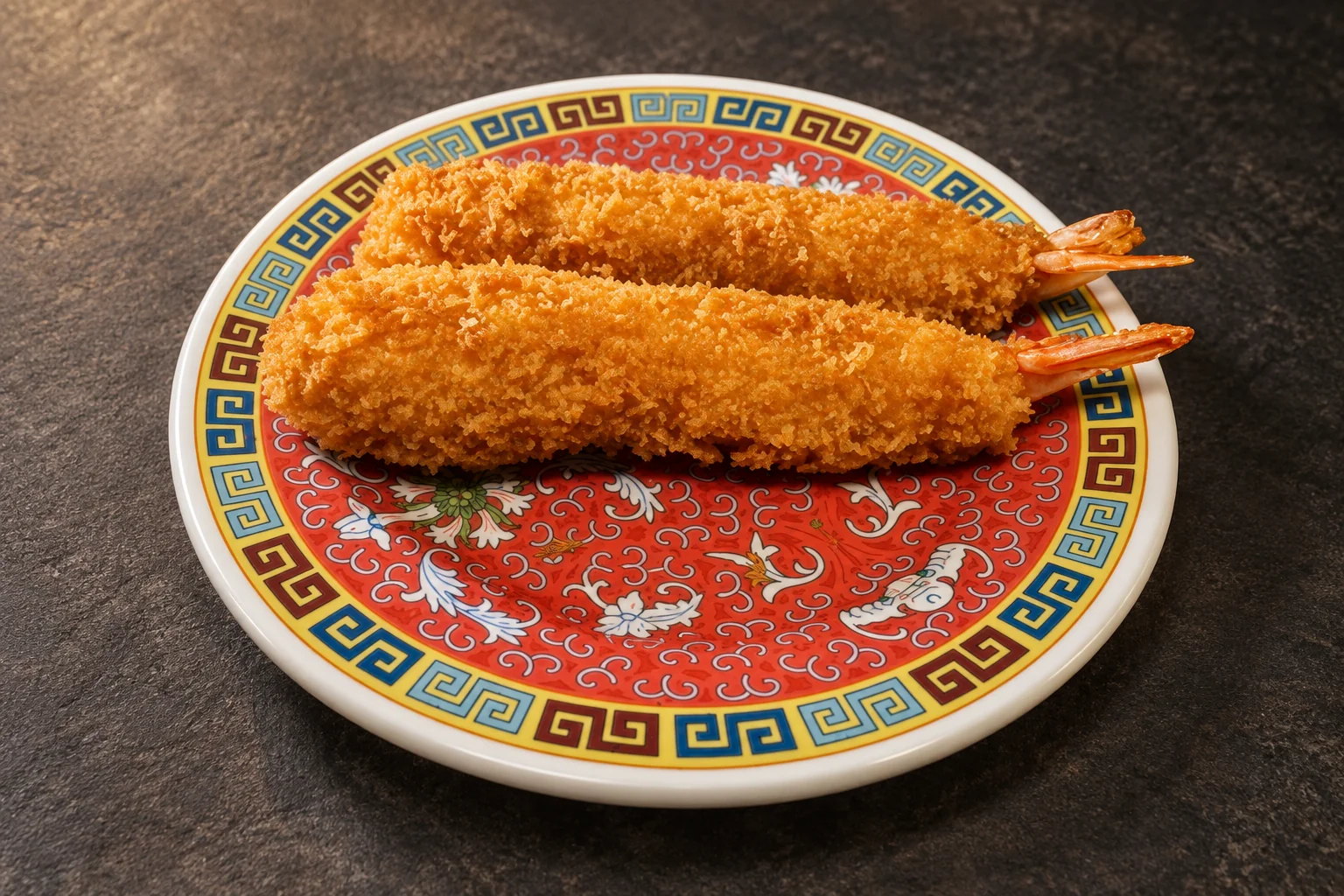 Tempura crevettes sur une assiette ronde rouge à motifs chinois, fond d'ardoise sombre