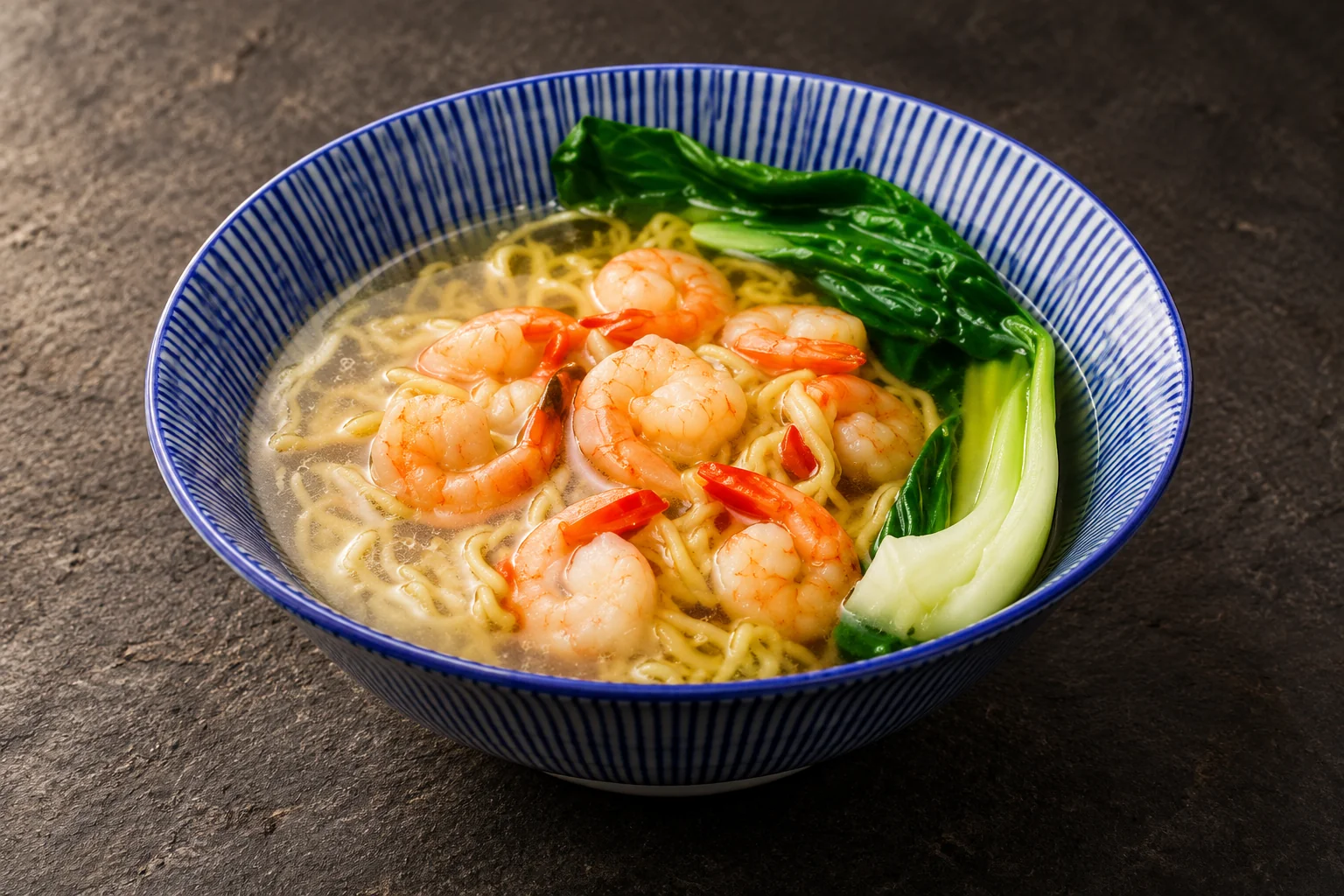 Soupe de nouilles aux crevettes dans un bol à rayures bleues, fond d'ardoise sombre