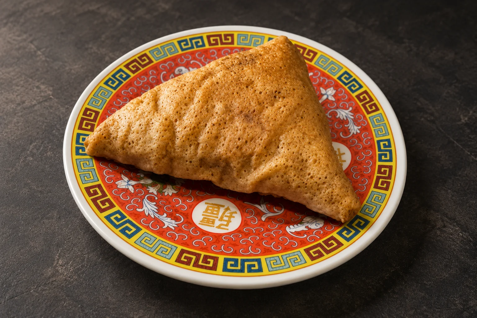 Samoussa au bœuf sur une assiette ronde rouge à motifs chinois, fond d'ardoise sombre